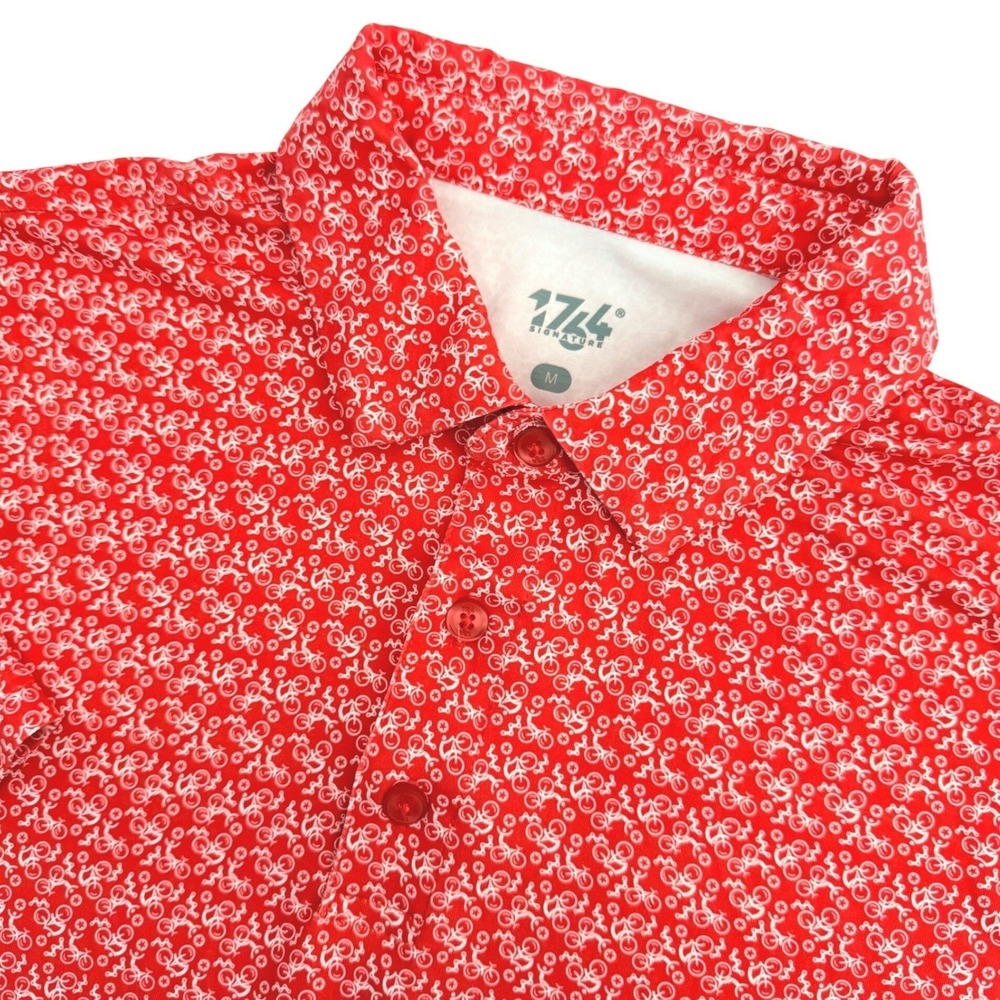 1764 Signature Polo Shirt Mens M Red Bicycle Print Performance Short Sleeve
